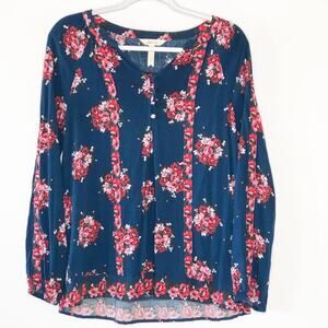 Matilda Jane Top Medium V Neck Blue Floral Covered Buttons Boho